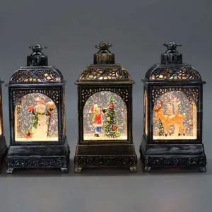 Antique Black Silver Brush Cut Out Lantern Christmas LED Snow Globe Santa Snowman Reindeer Glitter Light
