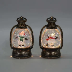 Antique Bronze Christmas Lantern LED Snow Globe Santa Snowman Reindeer Swirling Glitter Light