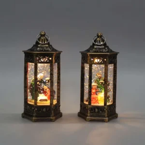 Antique Bronze Cut-Out Christmas Snow Globe Lantern Swirling Glitter LED Santa Snowman Light