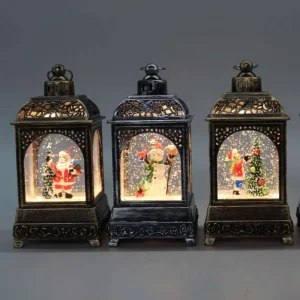 Antique Bronze Cut Out Lantern Christmas LED Snow Globe Santa Snowman Reindeer Swirling Glitter Light