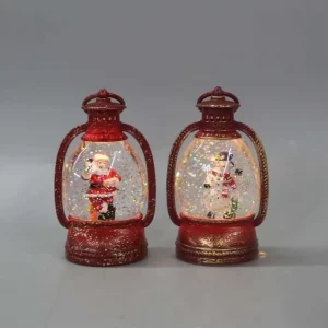 Antique Red and Gold Trim Christmas Lantern LED Snow Globe Snowman Gnome Swirling Glitter Light