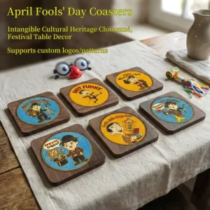 April Fool’s Day Decor Handmade Cloisonne Enamel Walnut Wood Coaster for Festive Table Decor