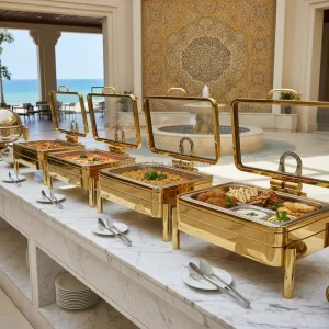 Arabic Restaurant Hotel Supplies 304 Stainless Steel Buffet Stove Rectangle Luxury Gold Chaffing Dishes for Buffet