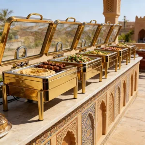 Arabic Restaurant Supplies 304 Stainless Steel Buffet Stove Rectangle Luxury Gold Chaffing Dishes for Buffet