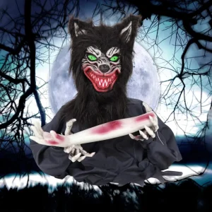 Aroma 22” Animated Pumping Wolf Eats Hand with Flashing Eyes&screams for Haunted House Party Backyard Porch Outdoor Decoration