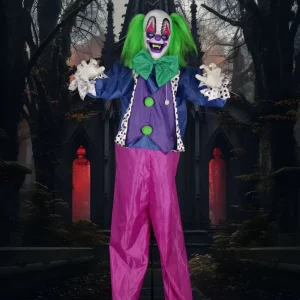 Aroma 64” Standing Animated Spooky Clown Creepy Halloween Prop with Sound Effects&Speech&Head Motion for Porch Haunted House