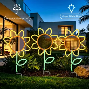 Art Deco Metal LED Neon Light Strip 3-Piece Flower Design Floor Mount Plug-In Home Decor Birthday Wedding Easter