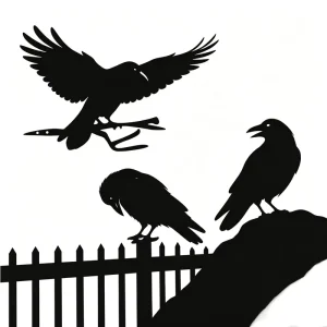 Art Deco Metal Raven Black Bird Silhouette Ornament Set Halloween Home & Wall Decor