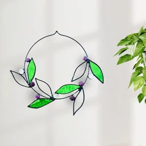 Art Deco Stained Glass Flora Wreath Sun Catcher Moss Green Aqua All Season Customizable Home Decor