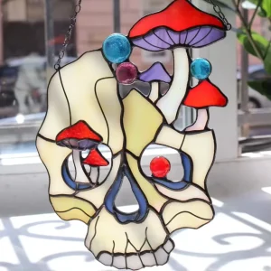 Art Deco Style Gothic Suncatcher Stained Glass Mushroom Halloween Crows Ghost Dark Customizable Logo Square Round Decoration