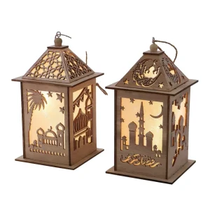 Art Moon Light Classical Lantern Shape Wooden Led Rectangular Cantle Indoor Reusable Muslim Ramadan Festival Decorative