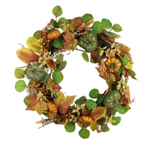 Artificial Autumn Wreath Decorations Fall Wreath with Pumpkins and Maples for Autumn Thanksgiving Front Door Decor