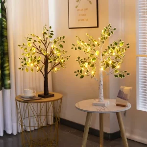 Artificial Christmas Green Leaf Tree 24LED Warm White IP20 Rated Easy Installation LED Lights 3x AA Battery Powered 60cm Indoor