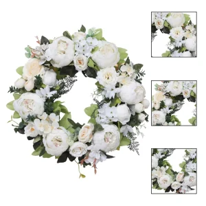 Artificial Cream White Peony Rose Hydrangea Wreath Silk Floral Wreath for Wedding European Farmhouse Front Door Home Wall Decor