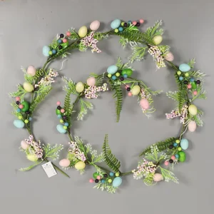 Artificial Easter Decorations Easter Egg Garland Spring Floral Garland Colored Eggs for Home Mantle Indoor Outdoor Table Party