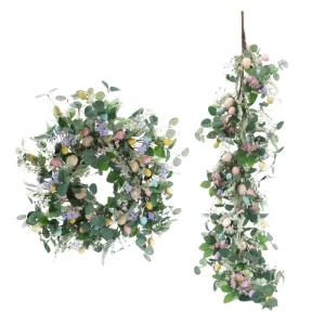 Artificial Easter Wreath with Eggs, Eucalyptus, Twigs, and Flowers