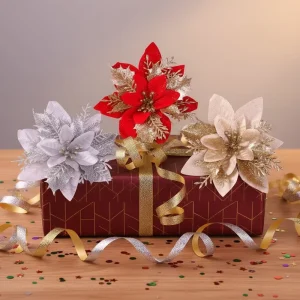 Artificial Glitter Christmas Flowers Decorations for Home Holiday Ornament Decor Festive Party Supplies Xmas Tree Accessories