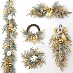 Artificial Green Pine Christmas Wreath with Snow and Gold