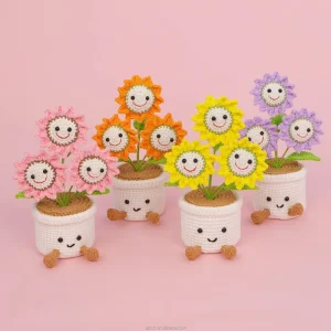 Artificial Home Decorative Potted Plant Sunshine Sunflower Smiley Crochet Pot Plant