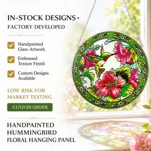 Artistic Botanical Hummingbird Metal Framed Glass Suncatcher Hand Painted Light Catching Window Hanging Art Decor