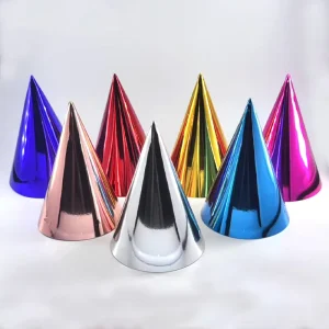 Assorted Color Water Resistant Foil covered Paper Cone Hats with Custom Low MOQ for Birthday Party Decorations