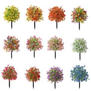 Assorted Multi Hue Ground Spike Artificial Flower Bush UV Protected Plastic Fake Blossom Picks All Weather Resistant for Garden