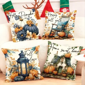 Autumn Decorative Pillows with Pumpkins Leaves and Cozy Phrases for Seasonal Home Decor