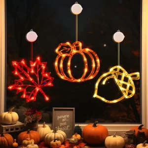 Autumn Plastic LED Battery Powered Decorative Window Lights Acorns Maple Leaves Pumpkins Suction Cup Festive Lighting