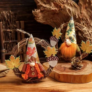 Autumn Thanksgiving Decorations Artificial Gnome Wreath Harvest Wreath with Maple Leaf for Front Door Hanging Wall Window