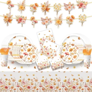 Autumn Themed Party Tableware Set Flower Party Paper Decoration Floral Paper Plates Cups Napkins Tablecloth Banners
