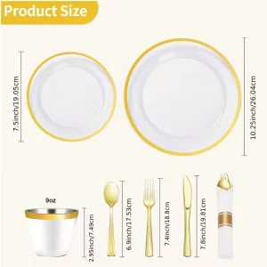 BPA Free Disposable Heavy Duty Gold Rim Plastic Party Plates Set with Napkins Cutlery Cups for Festival Celebrations and Parties