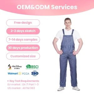 BSCI Approved Classic Denim Overalls Stage Costume T Shirt Comfortable Breathable for Festival Carnival Attires