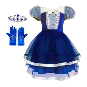 BSCI Certified Children Blue Royal Attire Bow Detail Sapphire Princess New Year Costume Kit Gloves Tiara