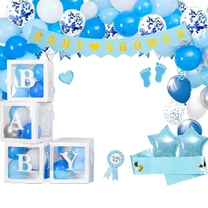 Baby Boy Shower Decorations Blue Baby Party Decor Kit Paper Rectangular Balloons Boxes Balloon Garland Backdrop Banner
