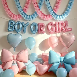 Baby Gender Reveal Decorations Glossy Pink Blue Heart Bow Boy or Girl Letter Balloons 38 Inch Paper Streamer Balloon Set