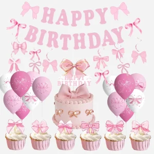 Baby Pink Girls Birthday Party Decoration Happy Birthday Banner Bow Garland Balloons Set
