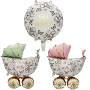 Baby Shower Balloon Set Retro Sketch Floral Stroller Foil Balloon Kit Helium Mylar Balloon for Gender Reveal & Baptism Decor