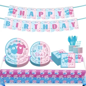 Baby Shower Disposable Party Tableware Supplies Set He or She Paper Banner Tablecloth Plates Cups Tissues for Gender Reveal