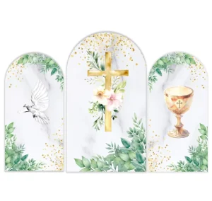 Baptism Arch Backdrop Cover Religious First Communion Gold Cross Ballooned Boog Photo Booth Backdrop God Bless Baby Shower Party