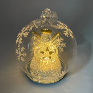 Battery Operated 80mm Clear Hand Blown Glass Hanging Christmas Angel Ball Ornament With LED Light