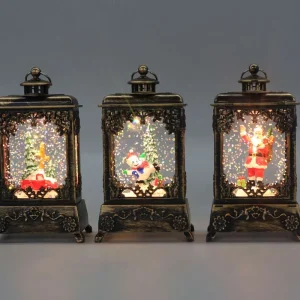 Battery Operated Antique Bronze Christmas Snow Globe Lantern Carved LED Glitter Lamp for Xmas Home Decor