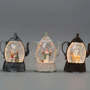Battery Operated Bronze Black Teapot Christmas Snow Globe LED Glitter Lantern for Gift