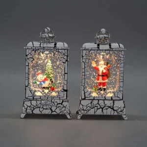 Battery Operated Crackle White Christmas Snow Globe Lantern Carved LED Glitter Lamp for Xmas Home Decor
