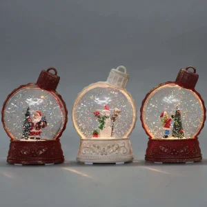 Battery Operated Red Christmas Ball Snow Globe Holly Carved LED Glitter Lamp