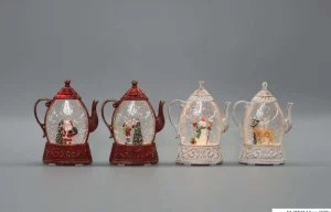 Battery Operated Red Gold Vintage White Teapot Christmas Snow Globe LED Glitter Lantern