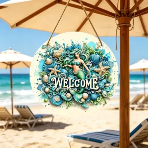 Beach Welcome Sign Wreath Front Door Wall Hanging Bohemian Design Wood Funny Wedding Birthday Easter Decor