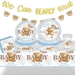 Bear Theme Baby Shower Party Supplies Blue Brown Disposable Plates Cups for Boys Gender Reveal to Welcome Baby Decorations