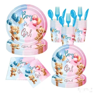 Bear Theme Gender Reveals Children’s Birthday Party Supplies Disposable Tableware Set Paper Cups Paper 7inch 9inch Plates