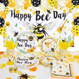 Bee Theme Party Decoration for Kids Girls Birthday Backdrop Balloons Tablecloth Plates Cups Napkins Tableware Set