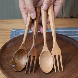 Beech Creative Triangle Handle Japanese Wooden Tableware Set Portable Fork Spoon for Dessert & Fruit for Parties